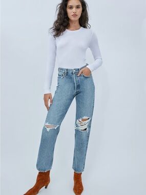 Agolde 90s Pinch Waist Distressed High Rise Straight Thrashed Light Wash Jeans